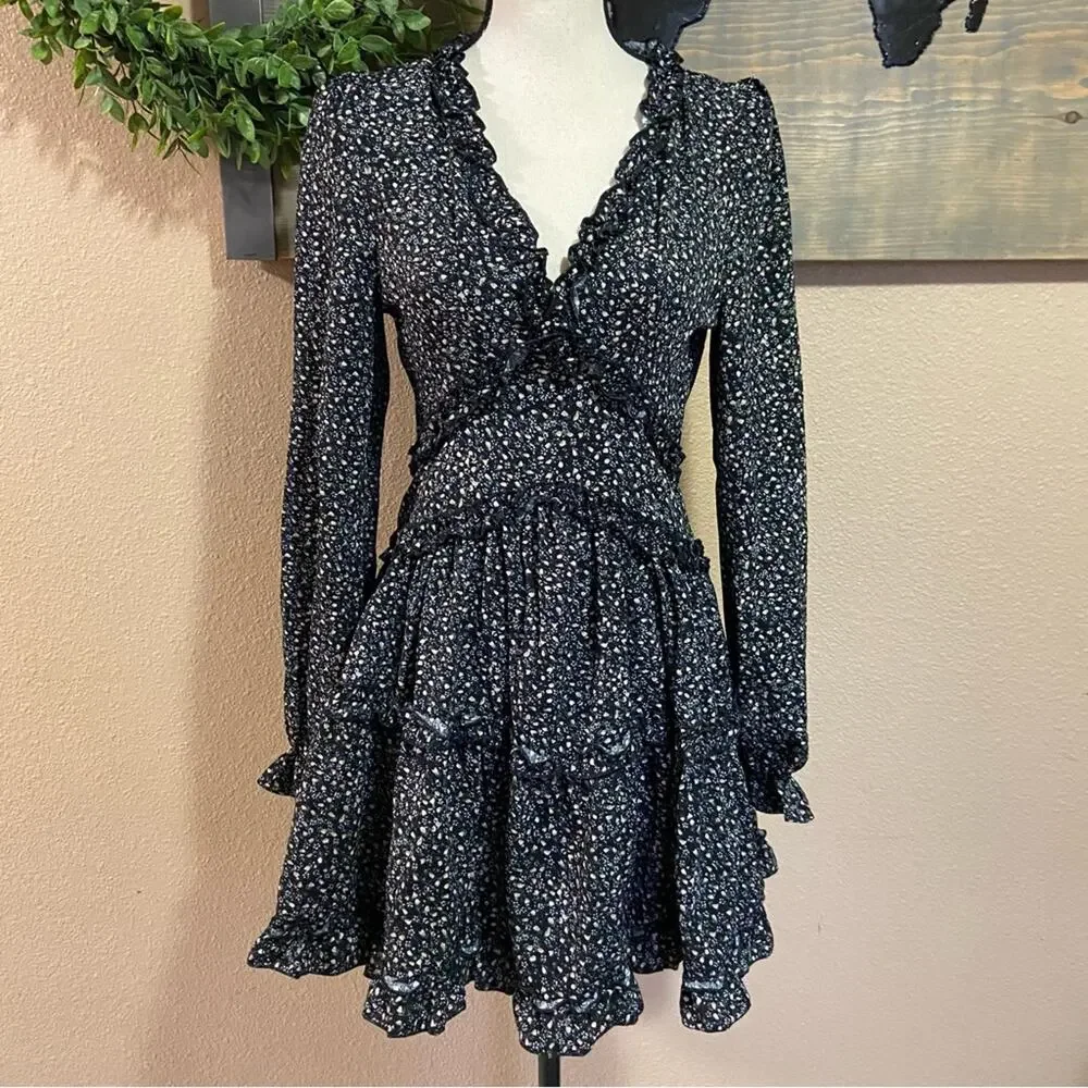 NWOT Lulus Admire You Black Floral Print Ruffled Long Sleeve Mini Dress - Picture 2 of 13